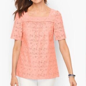 Talbots Pink Eyelet Cotton Blouse Short Sleeve Square Neck Size Medium
